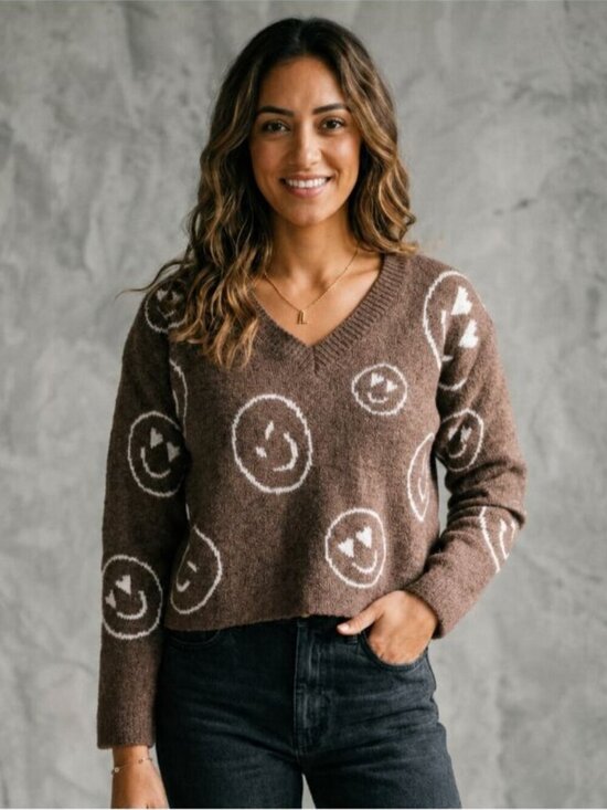 SO Goods for Life Sweaters - SO Goods For Life XL Brown V-Neck Sweater Smiley Face Print Y2K Retro Knit Top